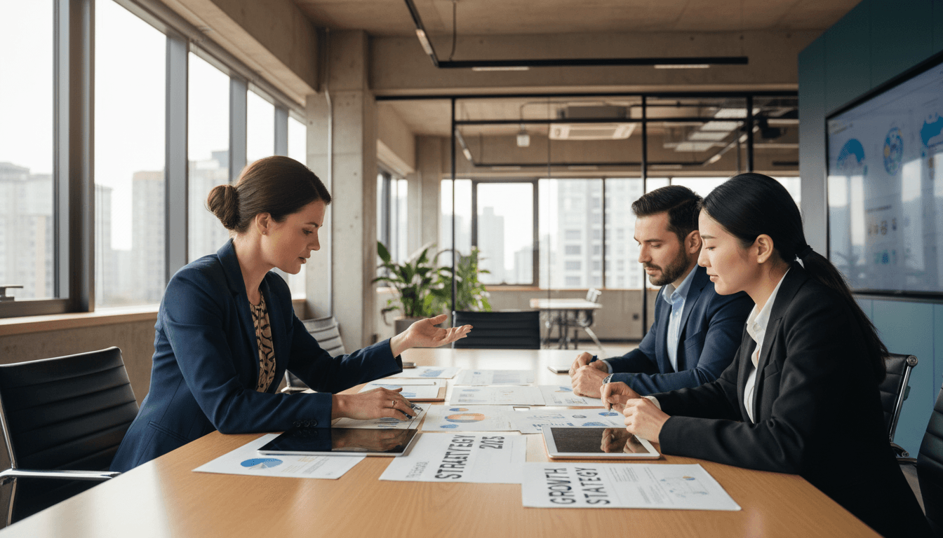 Business consultant in a meeting with documents discussing strategy in a modern office
