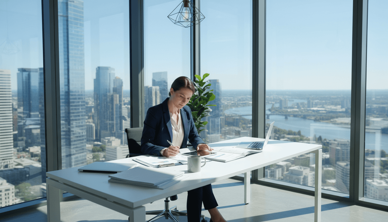 Professional woman reviewing strategy documents in a bright office setting